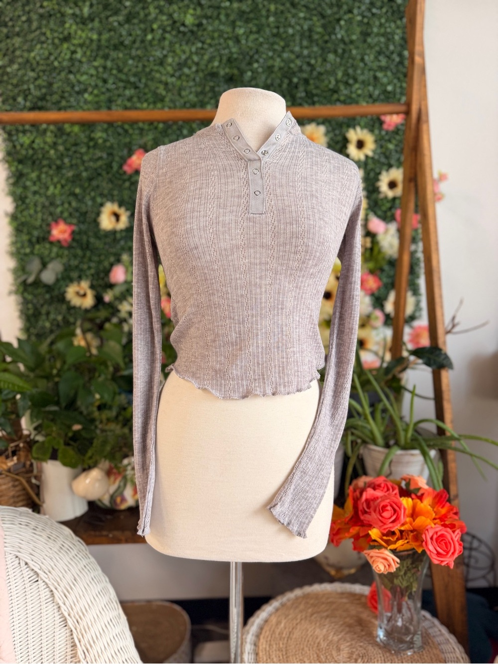 wild fable Snap-Front Ribbed Long-Sleeve Crop Top - Taupe Heather